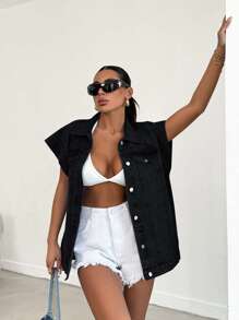 RueChic 100%Cotton Elastic Band Detailed, Rigid Vest - Dark Grey - View 6