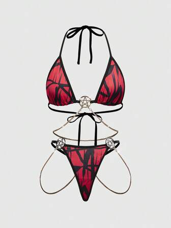 Grunge Punk Gotischer Hexagramm Metall Ring Ketten Dreieck BH Set