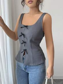 Elenzga Korean Style Bowknot Patchwork Cropped Top, Stylish Slim-Fit Slit Design Blazer For Spring And Summer - Grey - View 4