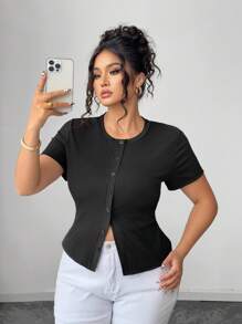 Elenzga Camiseta corta casual de cuello redondo de punto acanalado de unicolor para mujer de talla grande, elegante para el verano - Negro - Ver 1