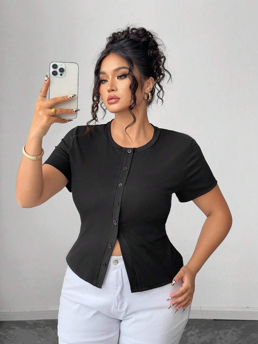 Elenzga Camiseta corta casual de cuello redondo de punto acanalado de unicolor para mujer de talla grande, elegante para el verano - Negro - Ver 1
