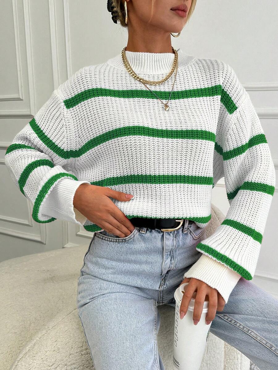 EURMUSE Striped Pattern Drop Shoulder Sweater - Green - View 1