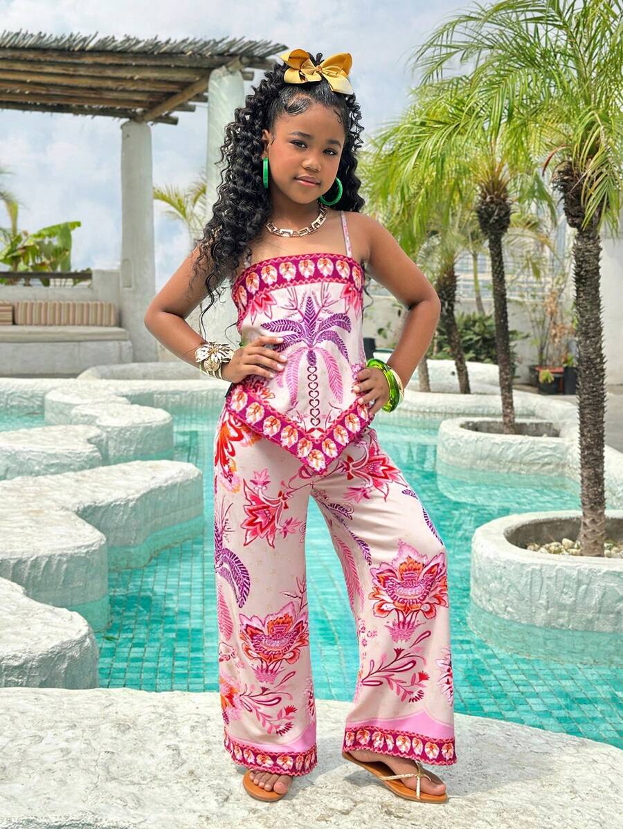 SHEIN Tween Girl Vacation 2pcs/Set Printed Cami & Pants Outfit, Minimalist Fashion Casual Daily Wear - Pink - View 1