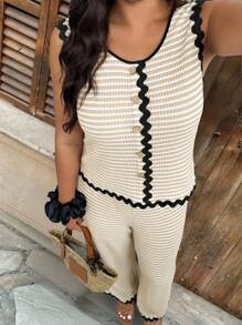 Weeklong 大码复古条纹镂空针织背心和裤子两件套 - 杏色 - 查看 3