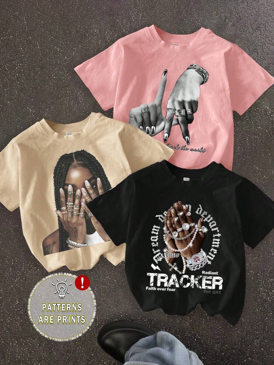SHEIN Bolty 3pcs/Pack Hip-Hop Streetwear Graphic Tees, Vintage Style Casual Cartoon Pattern Short Sleeve T-Shirt For Tween Girls, Summer, School, Campus, College - Multicolor - View 1