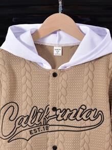 SHEIN Áo khoác bóng chày có mũ trùm đầu họa tiết cho bé trai tuổi mới lớn, đồ thể thao mặc ngoài thường ngày cho mùa thu/đông - Màu Khaki - Xem 4