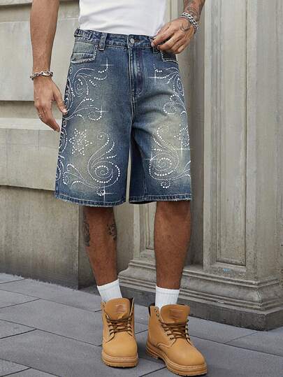 Street Life Shorts bermuda in denim ampi con stampa floreale e tasche per uomo