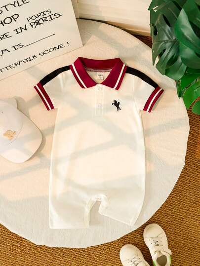 SHEIN Playful Pals Infant Baby Polo Collar Graphic Color Blocking Pony Romper Set, Spring/Summer Baby Boy Clothes Polo Romper Baby Boys Jumpsuits Baby Clothes Unisex Retro Baby Boy Clothes Newborn Romper Infant 3M-24M-2T