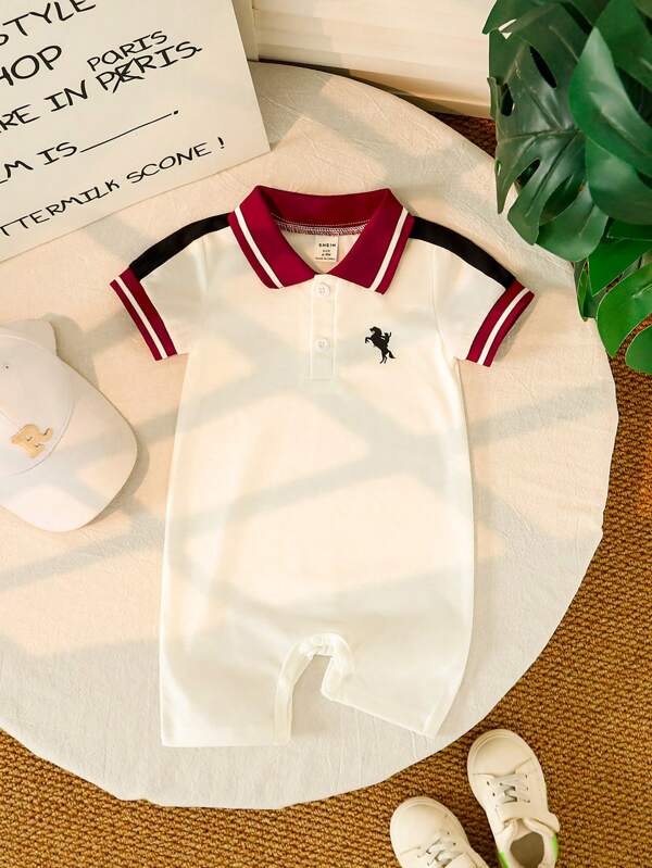 Souflis Souflis Infant Baby Polo Collar Graphic Color Blocking Pony Romper & Shorts Set, Spring/Summer Baby Boy Clothes Polo Romper Baby Boys Jumpsuits Baby Clothes Unisex Retro Baby Boy Clothes Newborn Romper Infant Bodysuit 3M-24M-2T