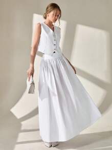 CLARA VERO Set de 2 piezas, top de chaleco con botones delanteros y falda larga de corte evasé, estilo elegante y casual para mujer