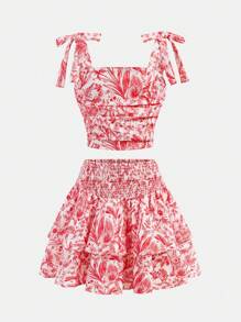 SHEIN Top à fines bretelles style floral pour préadolescentes et jupe évasée en 2 pièces, style décontracté de rue