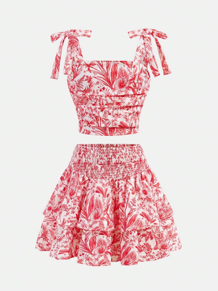 SHEIN Top à fines bretelles style floral pour préadolescentes et jupe évasée en 2 pièces, style décontracté de rue