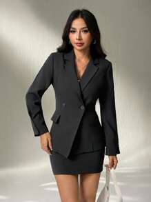 SHEIN PETITE Women's Business Office Double-Breasted Blazer & Skirt Suit,Elegant Black Mini Skirt Suit Set With Long Sleeve Lapel Blazer,Fall Women Clothes,Business Casual Woman