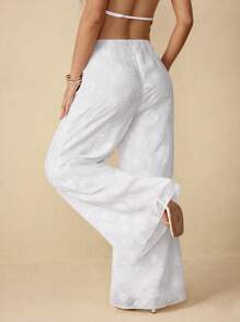 SHEIN PETITE Women's Casual Elegant Bohemian Holiday Beach White Patterned Textured Jacquard Loose Flared Pants, Summer, Boho