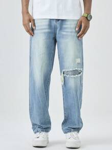 Manfinity Hypemode Men's Ripped Jeans Light Wash Denim Casual Modern Style Distressed And Stacked Design Long - Light Wash - View 3
