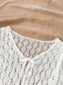 SHEIN TEENGIRL White Hollow V-Neck Beach Vacation Coverup, Versatile Resort Piece White Knit Top White Crochet Top Cover Ups For Swimwear Swimsuit Cover Up Beach Cover Up