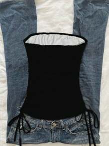 Attitoon 蝴蝶翅膀复古朋克图案性感，音乐节，Y2K 风格，女式休闲波西米亚风度假露背上衣，搭配褶饰领带 - 黑色 - 查看 2