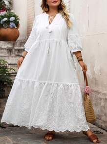SHEIN CURVE+ Plus Size Vacation Summer 3/4 Sleeve Embroidered Loose Dress Summer/Country/Beach Vacation Outfits/Beach Outfits/Beach Wear,Maxi Dress White Eyelet Dress White Boho Dress Plus Size White Dress White Summer Dress Cottagecore White Dress