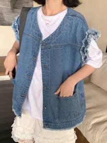 FRIFUL 女式夏季单排扣流苏口袋设计休闲牛仔衬衫 - 藍色 - 查看 3