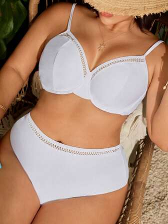 Swim Lushoire Plus Size Women Solid Color Gathering Split Casual Beach Resort Bikini Set For Summer Beach Vacation