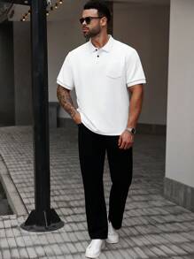Manfinity Homme Plus Size Men's Casual Versatile Solid Color Polo Shirt, Summer
