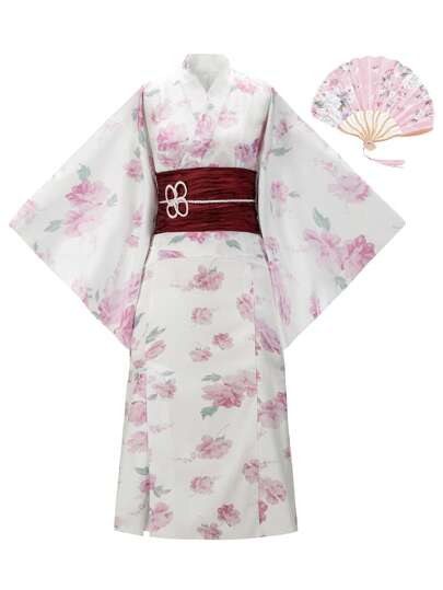Irokai Japanese Women's Printed Kimono Style Yukata For Summer Festival Japanese Women's Traditional Floral Print Pink Yukata Bowknot Yukata (Modified Japan Style Kimono Robe), Easy Wearing