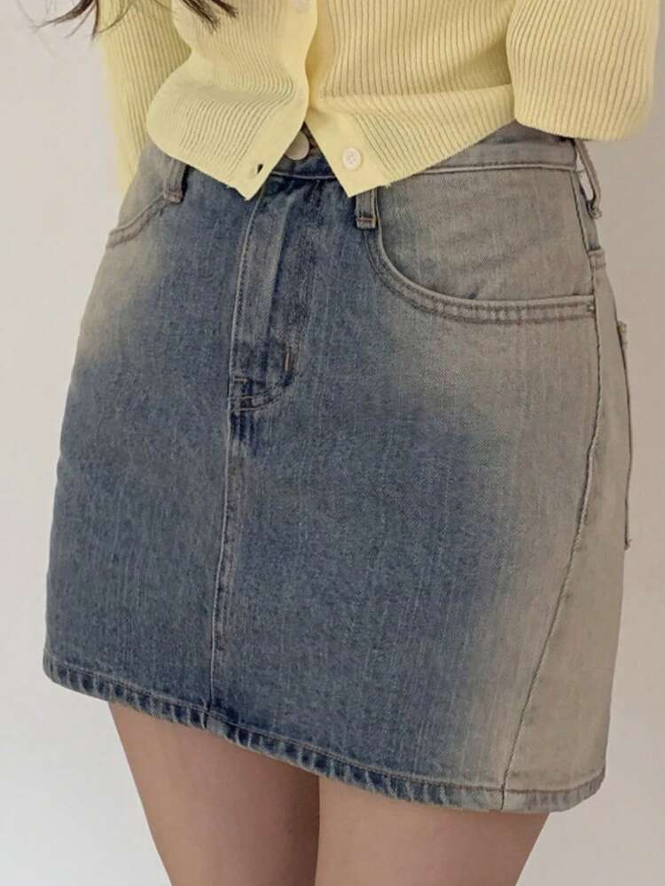 Light-Colored Washed Gradient Elastic Slim-Fit Denim Mini Skirt, Summer Jeans Skirt