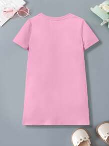 SpongeBob SquarePants | SHEIN Young Girl Round Neck Short Sleeve Pink Comfortable Casual Cute Cartoon Patrick, Sandy, Gary Floral & Letter Pattern Summer Dress