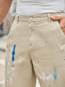 Mainfolk Men's Long Khaki Denim Streetwear Pants Zippered Paint Splatter Detail Avant-Garde Hip-Hop Style - Khaki - View 4