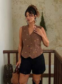 Travachic Plus Size Women Boho Embroidered Corduroy Vest,Elegant Summer Ditsy Floral V-Neck Brown Waistcoat,Bohemian Casual Autumn Layering Top - Coffee Brown - View 6