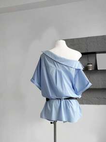 INAWLY Blusa asimétrica de hombro, manga corta, ajustada y con vuelo, estilo coreano chic, elegante para uso diario y para ir a la oficina para mujeres - Azul - Ver 2