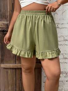 INAWLY Quần short cạp chun màu trơn cỡ lớn có viền xếp nếp, túi xéo, mùa hè - màu xanh lá - Xem 5