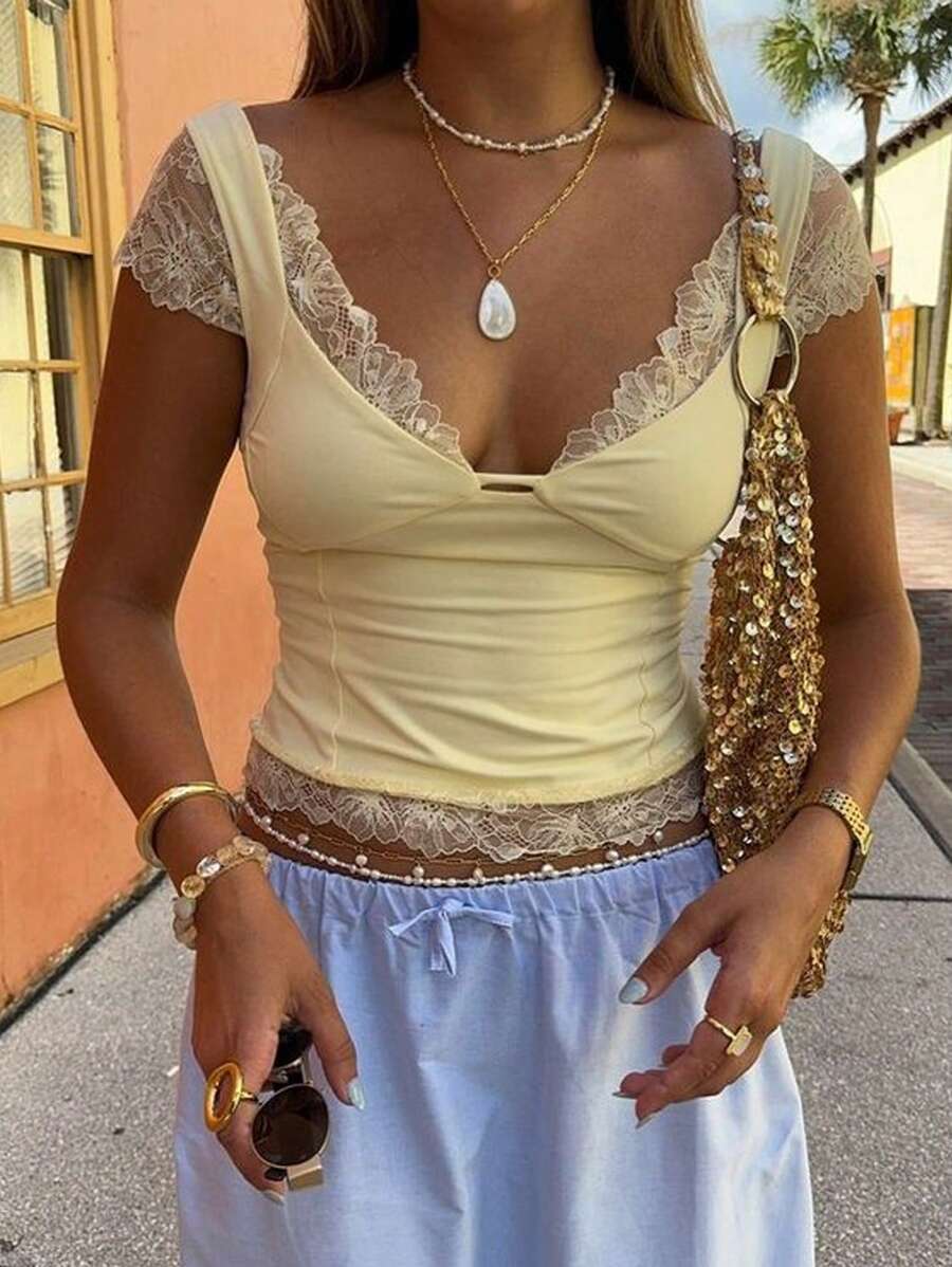 Siren Gaze Butter Yellow Y2K Crop Tops For Women - Summer Outfits 2025 New! Lace Splice Short Sleeve V-Neck Business Casual T-Shirt For Vacation/Commute/Dating Lace Trim Top Yellow Crop Top Women Yellow Summer Top Butter Yellow Top Light Yellow Top