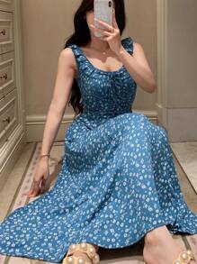 DAZY Ditsy Floral Ruffle Collar Cinched Waist Sleeveless Women Nightgown Pajama - Blue - View 6