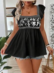 SHEIN Holidaya 大码女式方领无袖荷叶袖刺绣收腰度假风白色衬衫 - 黑色 - 查看 5