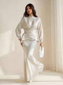 SHEIN Tall Long Sleeve Elegant Top And Fitted Skirt 2-Piece Set - Beige - View 7