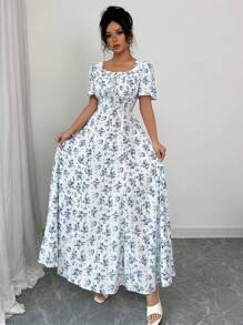 SHEIN Tall Elegant Vacation Casual Puff Sleeve Square Neck Tied Waist Slim Fit Dress For Tall Women, Spring/Summer