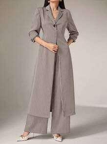 Heiryn 2 件套女士休闲条纹长外套和裤子套装，适合秋季 2 件套