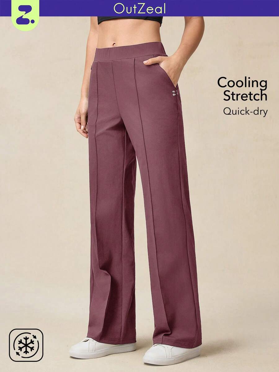OutZeal 女士休闲运动裤，凉爽透气，弹力面料，阔腿款式，带拉链口袋 - 中紫紅色 - 查看 1