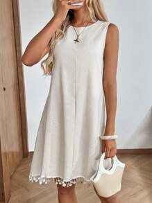 SHEIN LUNE Váy đi nghỉ tua rua eo rút dây cho nữ - Màu be - Xem 6