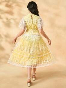 2pcs/Set Teenager Girls Elegant Floral Printed Stand Collar Ruffle Sleeve Blouse + Mid-Length Skirt Set - Yellow - View 2