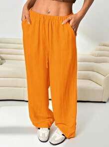 SHEIN EZwear 女士加大码橙色梭织宽松长裤 - 橘色 - 查看 4