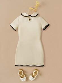 Young Girls' Casual Solid Color Short Sleeve Ruffle Crew Neck Mid-Length Dress, Summer