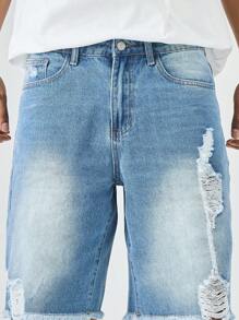 Manfinity Roghcode Men's Light Wash Denim Bermuda Shorts Ripped Detail Avant-Garde Street Casual Jean Shorts For A Look - Light Wash - View 8