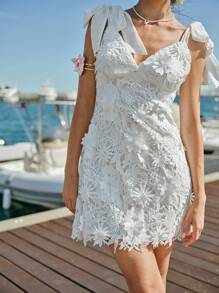 Enchnt 春夏浪漫女装优雅白色花卉刺绣蕾丝肩带无袖迷你连衣裙，甜美优雅性感连衣裙，适合婚礼季、节日、度假、甜蜜约会和毕业季，女士夏季服装，音乐会服装女士 - 白色 - 查看 2