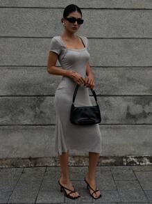 DAZY Vestido de cola de pez de longitud media con cuello cuadrado envuelto de unicolor para mujer - Gris - Ver 5