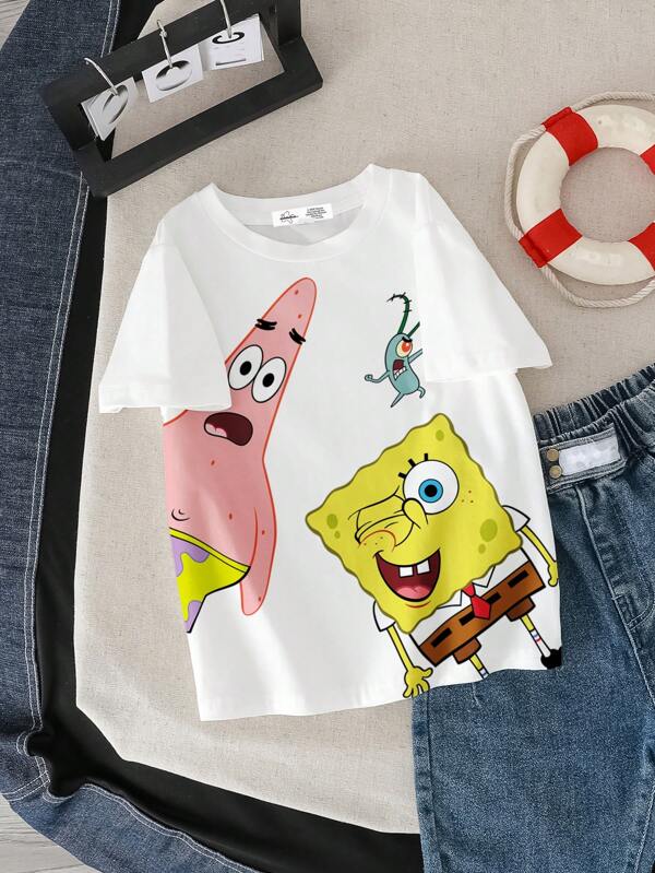 SpongeBob SquarePants X SHEIN Camiseta informal de manga corta y cuello redondo con estampado de dibujos animados para niño, de verano