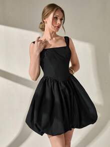 CLARA VERO Vestido corto globo de cintura alta con tirantes negros, vestido elegante para fiesta de graduación