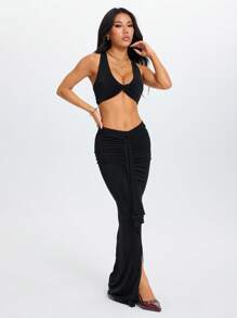 SHEIN PETITE Set de bluză fără mâneci cu noduri răsucite și fustă cu talie joasă pentru femei