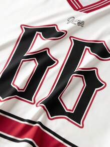 PAVTROS 男士条纹拼接数字印花短袖T恤，休闲日常穿着，图案T恤，图案T恤，图案男士T恤